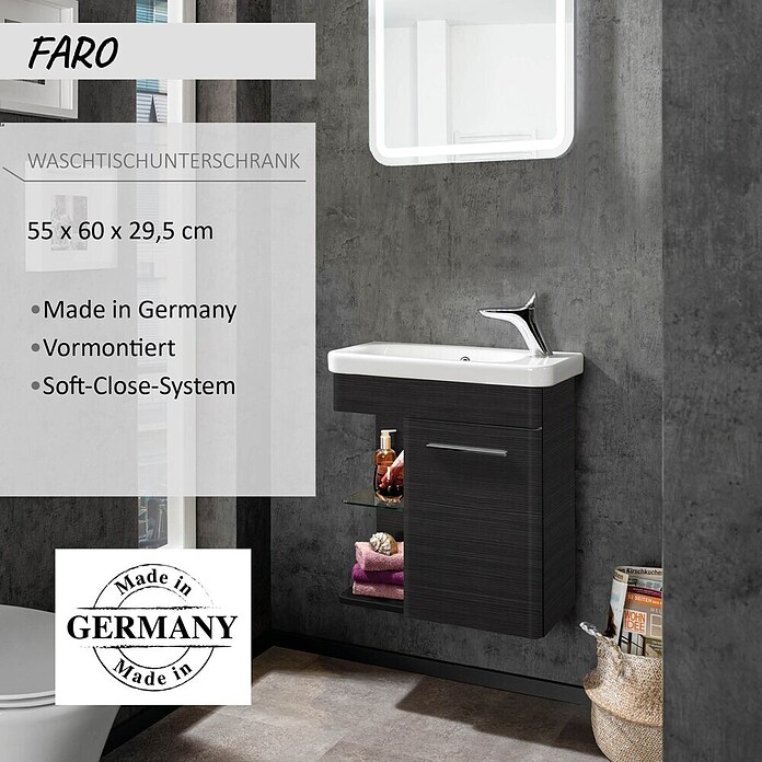 Camargue Faro Mini Waschtischunterschrank (29 x 55 x 55 cm, Bewegungsmelder mit LED-Beleuchtung, Darkoak)