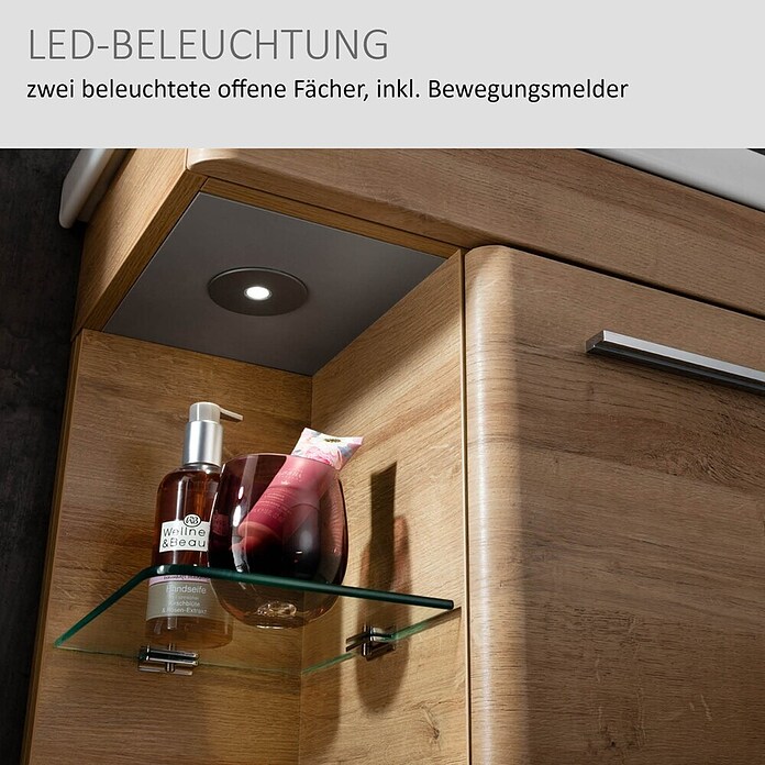 Camargue Faro Mini Waschtischunterschrank (29 x 55 x 55 cm, Bewegungsmelder mit LED-Beleuchtung, Berg Eiche)
