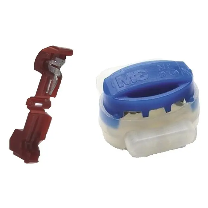 Genisys Kabelverbinder für Mähroboter 1x blauer Kabelverbinder - Universell, 1 Stk. - Zwei elektrische Steckverbinder: ein roter Kunststoff-Kabelabzweiger mit Metalleinsatz und ein blau-transparenter, gelgefüllter Spleißverbinder (3M).