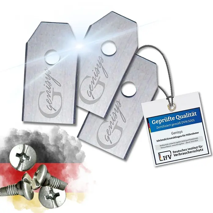 Genisys Ersatzmesser-Set für Mähroboter - Passend für: für Yardforce, 30 Stk. - Genisys Edelstahl-Ersatzklingen für Mähroboter, Schrauben, Qualitätszertifikat und deutsche Flagge.