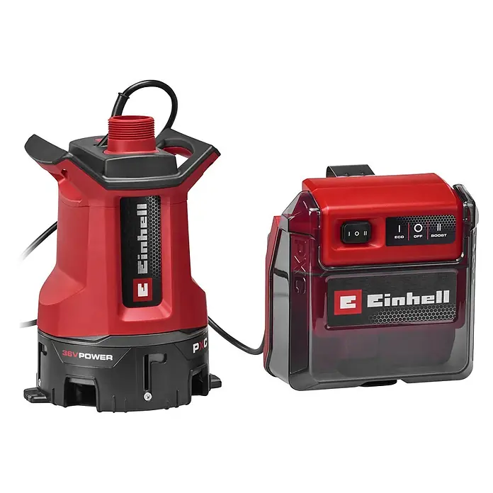 Einhell Power X-Change 18V Schmutzwasserpumpe GE-DP 36/35 LL Li-Solo - 36 V, Max. Fördermenge: 14.000 l/h - Rote und schwarze Einhell Akku-Tauchpumpe mit separatem PXC-Akkupack, mit 36V POWER und Eco/Off/Boost-Modi.