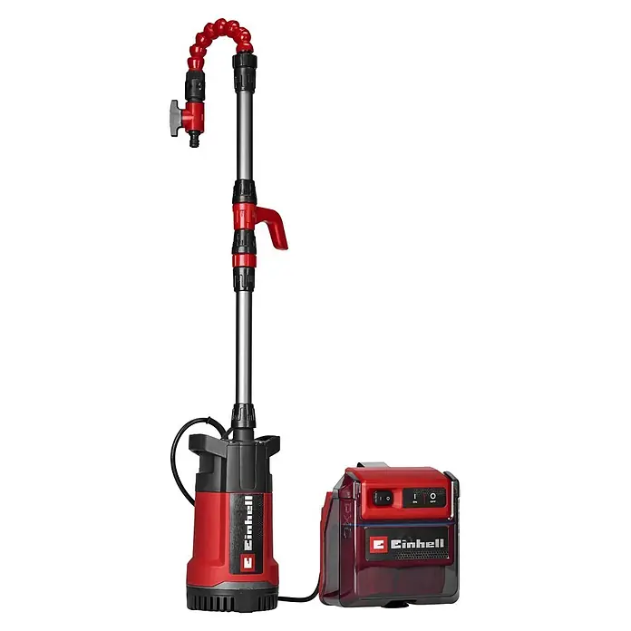 Einhell Power X-Change 18V Akku-Regenfasspumpe GE-PP 36 RB-A Li-Solo - Max. Fördermenge: 4.500 l/h - Rote und schwarze Einhell Akku-Tauchpumpe mit verstellbarem Schlauch und separatem Akkupack.