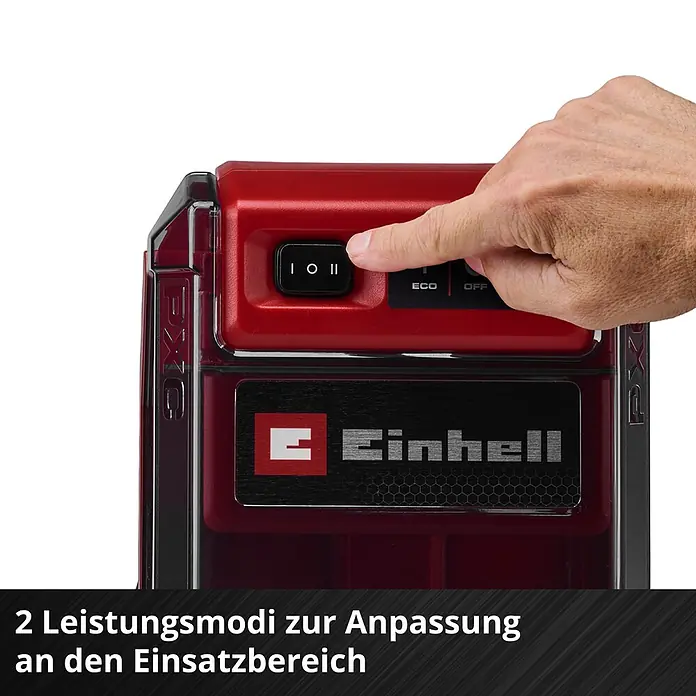 Einhell Power X-Change 18V Schmutzwasserpumpe GE-DP 36/35 LL Li-Solo - 36 V, Max. Fördermenge: 14.000 l/h - Eine Hand drückt den Schalter (I O II) eines rot-schwarzen Einhell Akkugeräts für zwei Leistungsmodi.