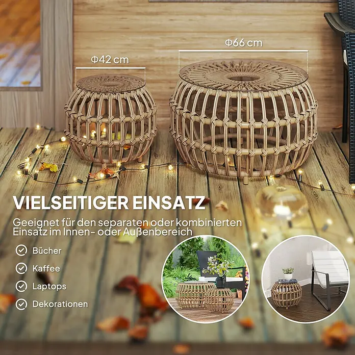 Outsunny Garten-Loungetisch - Braun, L x B x H: 66 x 66 x 40 cm - Zwei Beistelltische aus Naturrattan mit Glasplatten, Ø 42 cm und Ø 66 cm, vielseitig für Innen- oder Außenbereiche einsetzbar.