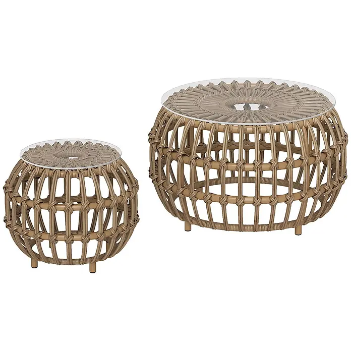 Outsunny Garten-Loungetisch - Braun, L x B x H: 66 x 66 x 40 cm - Zwei runde Rattan-Couchtische mit transparenten Glasplatten, ein großer und ein kleiner.