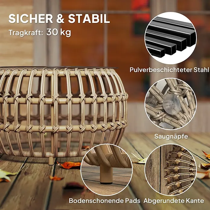 Outsunny Garten-Loungetisch - Braun, L x B x H: 66 x 66 x 40 cm - Runder Couchtisch mit geflochtenem Rattan-Look-Gestell, Glasplatte, Bodenschutzpads und Saugnäpfen.
