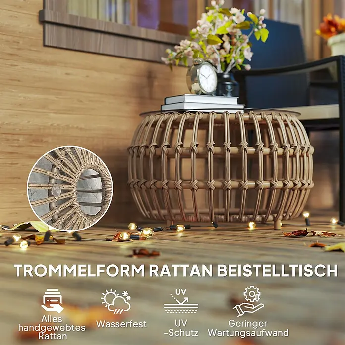 Outsunny Garten-Loungetisch - Braun, L x B x H: 66 x 66 x 40 cm - Trommelförmiger Rattan-Beistelltisch mit Oberplatte, auf Holzfußboden.