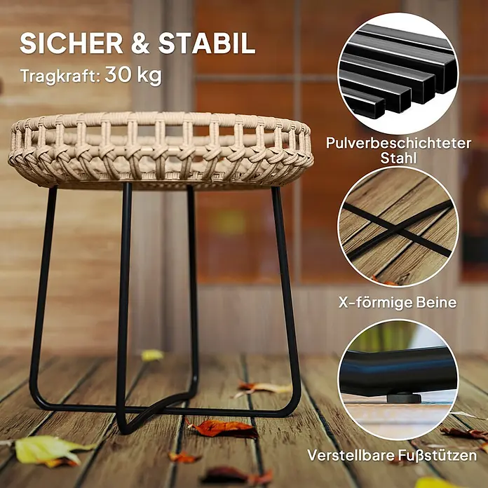 Outsunny Garten-Beistelltisch - L x B x H: 56 x 56 x 55 cm, Braun - Kleiner runder Beistelltisch/Hocker mit geflochtener Platte und schwarzen X-förmigen Metallbeinen. Verstellbare Füße, 30 kg Tragkraft.