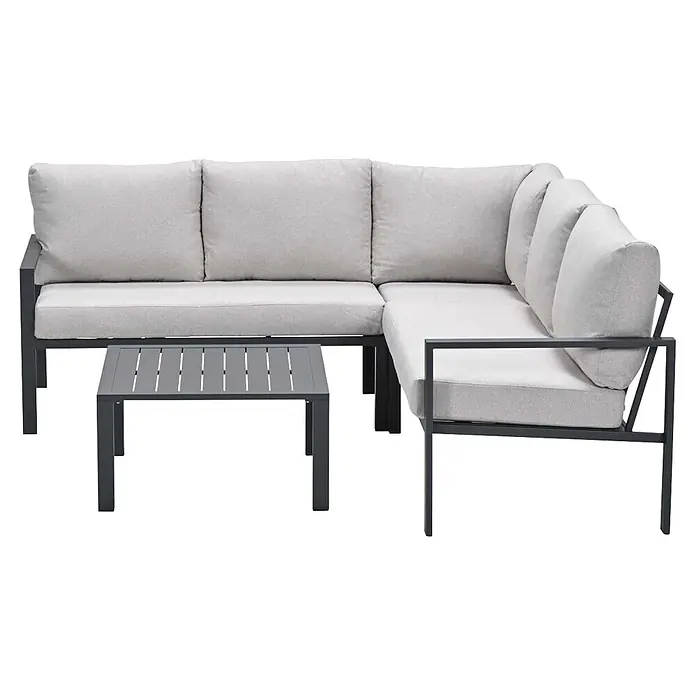 Garden Impressions Loungemöbel-Set - 4 -tlg., Aluminium, Ecklounge, Grau/Schwarz - Graues L-förmiges Outdoor-Ecksofa mit hellgrauen Kissen und passendem dunkelgrauem Latten-Couchtisch.