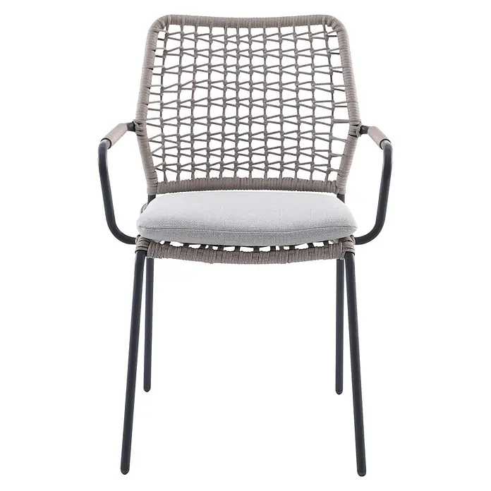 Garden Impressions Gartensessel Swifty - 1 Stk., Stahl, Polyester, Stapelbar, Beige, B x T x H: 63,5 x 84,5 x 56,5 cm - Moderner Outdoor-Stuhl mit hellgrauem geflochtenem Rücken und Sitz, grauem Stoffkissen und dunkelgrauem Metallgestell.