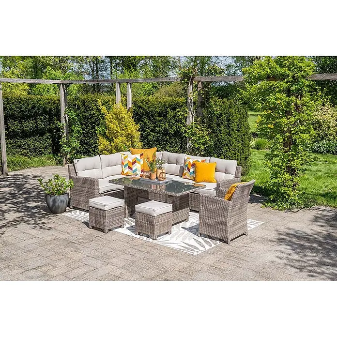 Garden Impressions Loungemöbel-Set Blue Bird - 4 -tlg., Aluminium, Polyester, Glas, Links, Beige - Graues Polyrattan-Gartenmöbelset mit Ecksofa, zwei Stühlen, zwei Hockern und Glastisch.