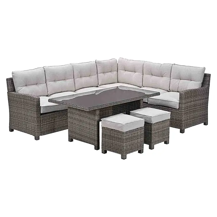Garden Impressions Loungemöbel-Set Blue Bird - 4 -tlg., Aluminium, Polyester, Sicherheitsglas, Rechts, Beige - Geflochtene Rattan-Ecksofa-Garnitur für den Außenbereich in Grau mit L-förmigem Sofa, rechteckigem Tisch und zwei Hockern mit weißen Kissen.