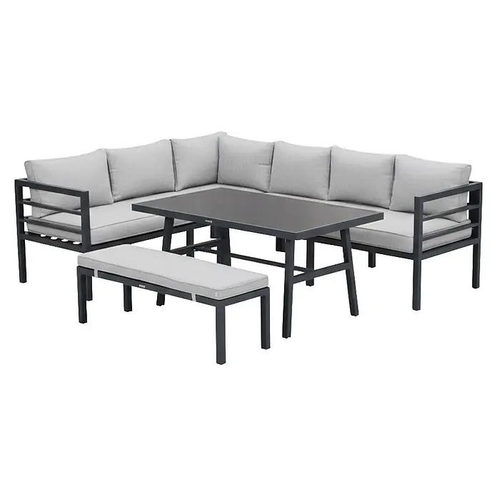 Garden Impressions Loungemöbel-Set Bleco II - 4 -tlg., Aluminium, Grau/Schwarz - Dunkelgraue Outdoor-Eckessgruppe mit hellgrauen Polstern, bestehend aus Sofa, Tisch und Bank.