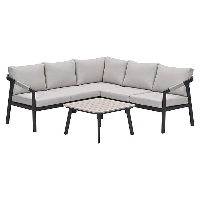 Garden Impressions Loungemöbel-Set Terni - 3 -tlg., Aluminium, Grau/Schwarz - L-förmiges Outdoor-Lounge-Set mit hellgrauen Kissen, dunkelgrauem Metallrahmen und hellem Holztisch.