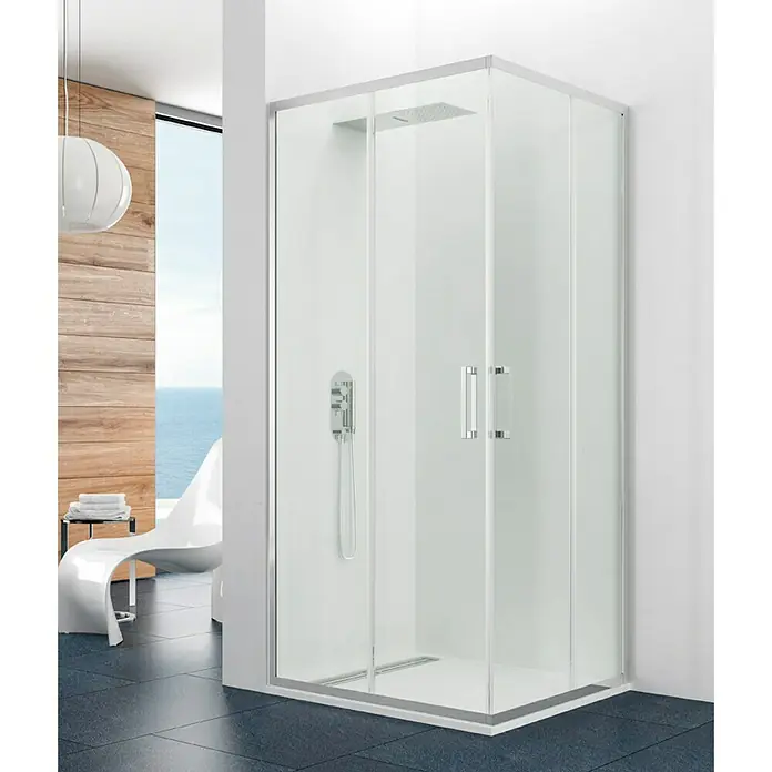 GME Mampara de ducha esquinera Prestige Angular - L x An x Al: 80 x 80 x 195 cm, Anodizado, Plata brillo, Vidrio transparente - Cabina de ducha cuadrada con paneles de vidrio transparente y marco plateado, ideal para baños modernos. Disfrute de una funcionalidad elegante con esta mampara.