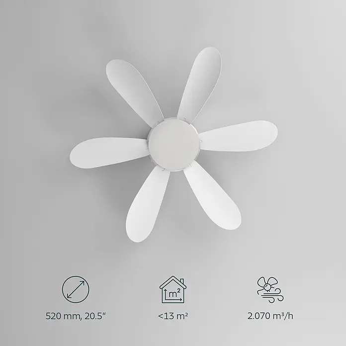 Eglo Deckenventilator Clovelly - 52 cm, 12 W, Warmweiß - Weißer Deckenventilator mit sechs Blättern, 520mm Durchmesser, für Räume bis 13m², Luftstrom 2.070 m³/h.
