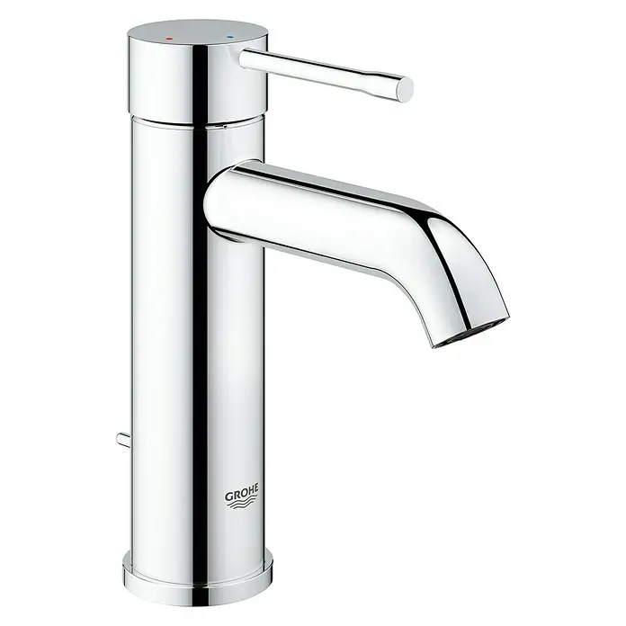 Grohe Essence New Waschtischarmatur S-Size - Chrom, Glänzend, Mit Energiespar-Funktion - Ein moderner, verchromter Grohe Waschtisch Einhebelmischer mit minimalistischem Design und praktischem Hebel für einfache Bedienung.