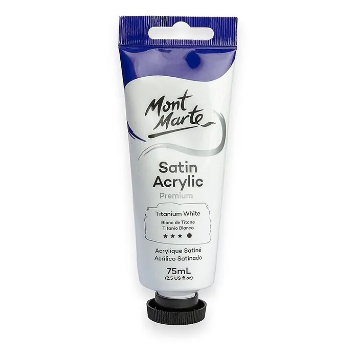 Mont Marte Acrylfarbe Premium - Titanweiß, 75 ml, Tube - Weiße Mont Marte Satin Acryl Titanweiß Farbtube mit blauem Oberteil und schwarzer Kappe, 75ml.