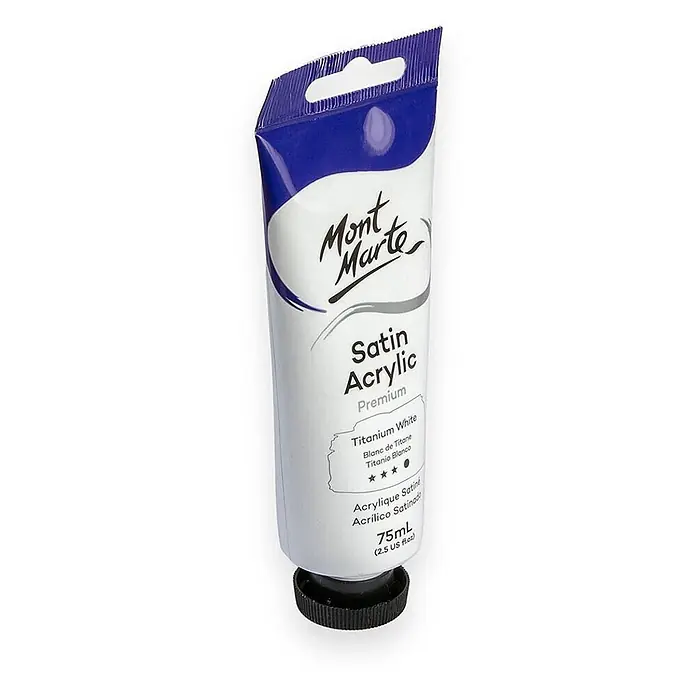 Mont Marte Acrylfarbe Premium - Titanweiß, 75 ml, Tube - Tube Mont Marte Premium Satin Acrylfarbe in Titanweiß, 75ml, mit schwarzem Deckel und lila Branding.