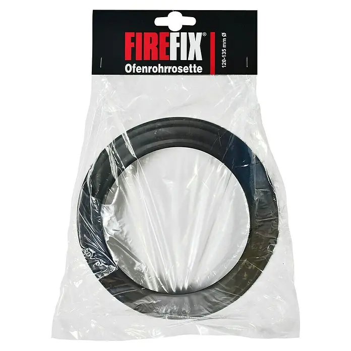 Firefix Ofenrohrrosette - Verstellbar: 100 mm - 135 mm, Pulverbeschichtet, Schwarz - Produktbild einer Ofenrohrrosette von FIREFIX, verpackt in einer transparenten Plastikverpackung. Die Rosette ist schwarz und ringförmig.