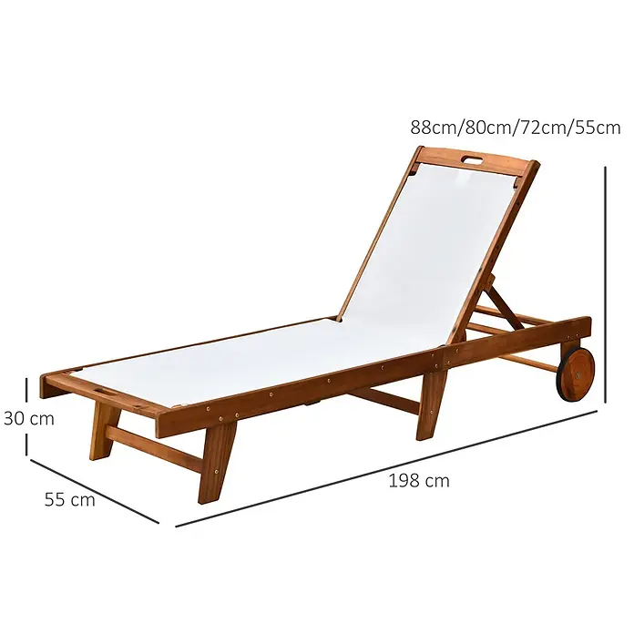 Outsunny Gartenliege - Natur+Weiß, Holz - Liegestuhl aus Holz mit weißem Stoff, verstellbarer Rückenlehne und Rädern. Maße: 198x55x30cm (Sitz), Rückenlehnenhöhe 55-88cm.