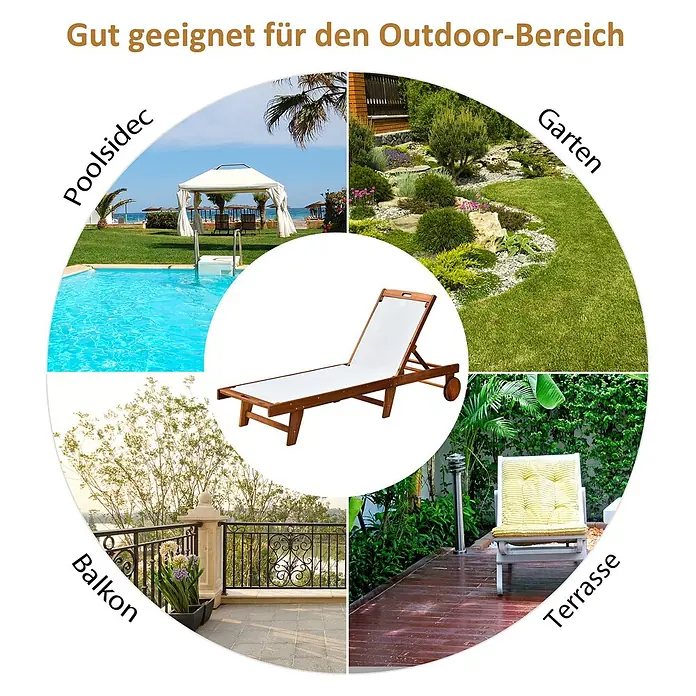 Outsunny Gartenliege - Natur+Weiß, Holz - Hölzerne Sonnenliege mit weißem Stoff, ideal für Außenbereiche wie Garten, Terrasse, Balkon und Poolbereich.