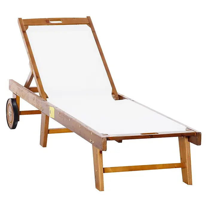 Outsunny Gartenliege - Natur+Weiß, Holz - Braune hölzerne Sonnenliege mit weißem Stoff, verstellbarer Rückenlehne und schwarzen Rädern.