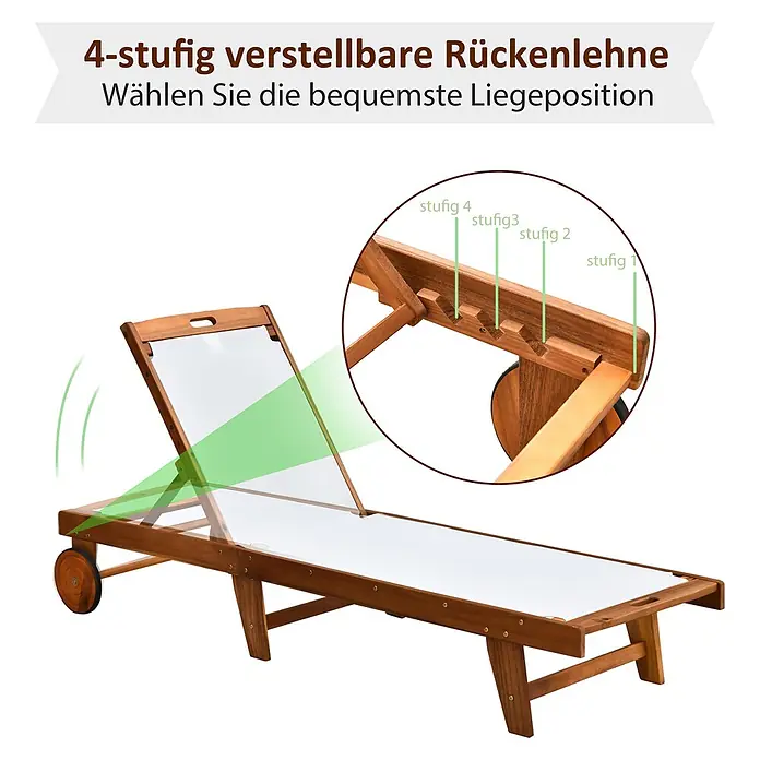 Outsunny Gartenliege - Natur+Weiß, Holz - Braune Holz-Sonnenliege mit weißer Stoffbespannung und 4-fach verstellbarer Rückenlehne.