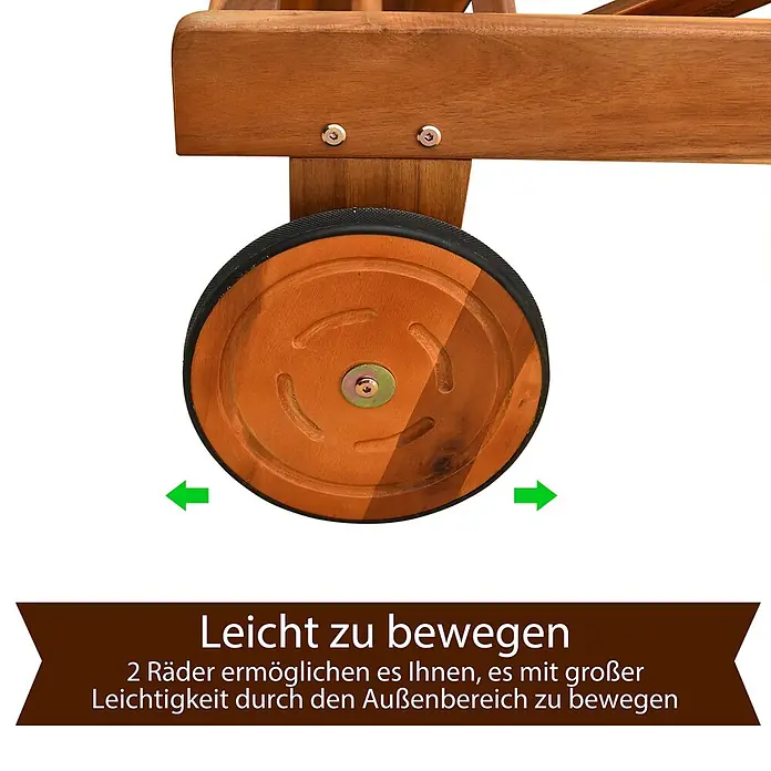 Outsunny Gartenliege - Natur+Weiß, Holz - Nahaufnahme eines Holzrades mit schwarzer Gummibereifung, befestigt an Gartenmöbeln aus Holz, was die Mobilität hervorhebt.