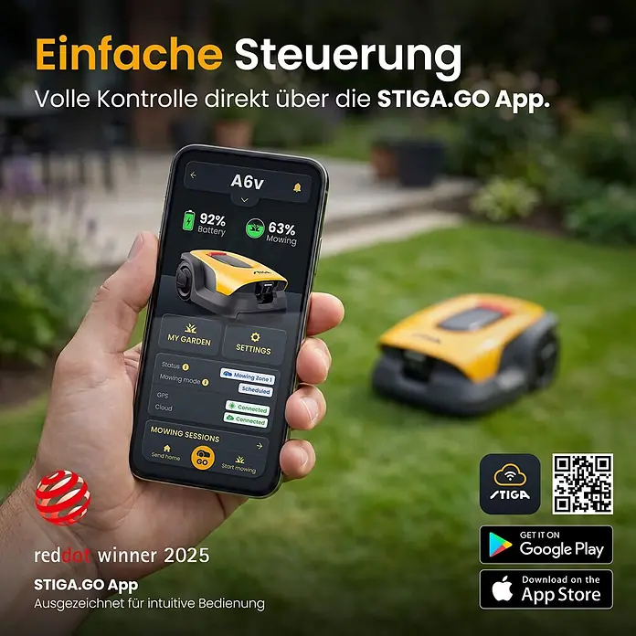 Stiga Mähroboter A 6 V - Schnittbreite: 18 cm, Kamera-gestützte Navigation - Eine Hand hält ein Smartphone mit geöffneter STIGA.GO App, die einen gelben Mähroboter auf einem grünen Rasen fernsteuert.