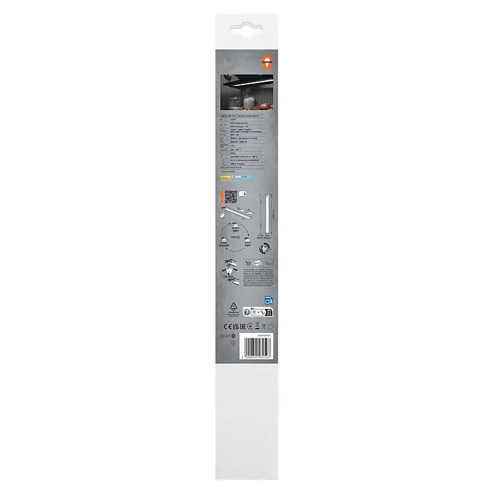 Osram Linear LED-Unterbauleuchte Flat USB & Sensor - L x B x H: 40 x 4 x 0,93 cm, Lichtfarbe: Warmweiß - OSRAM LED Flach-USB-Leuchte (40cm) Verpackung mit Produktbild, technischen Daten, CCT, Bewegungssensor und USB-C-Ladefunktion.