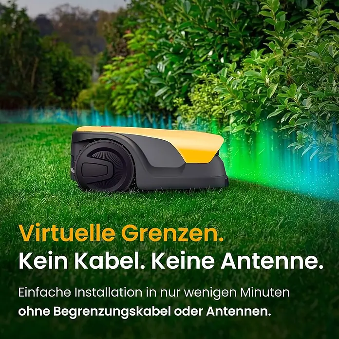 Stiga Mähroboter A 8 V - 800 m², Schnittbreite: 18 cm, Satellitengestützte Navigation, RTK - Gelb-dunkelgrauer Mähroboter mit virtuellen Begrenzungsleuchten. Keine Kabel oder Antennen erforderlich.