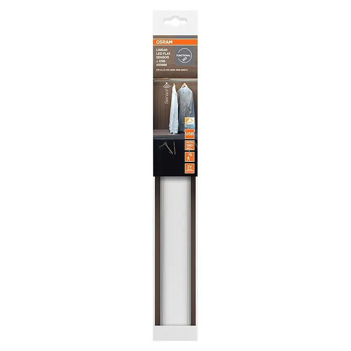 Osram Linear LED-Unterbauleuchte Flat USB & Sensor - L x B x H: 40 x 4 x 0,93 cm, Lichtfarbe: Warmweiß - OSRAM 400mm lineare LED Flachsensorleuchte für Kleiderschränke, USB-aufladbar mit einstellbarer Lichtfarbe und Bewegungssensor, auf Verpackung gezeigt.