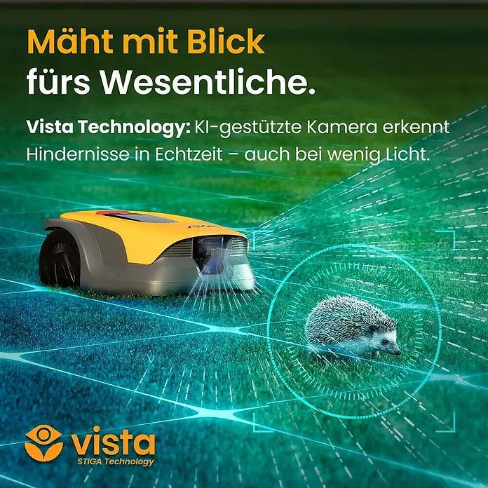 Stiga Mähroboter A 6 V - Schnittbreite: 18 cm, Kamera-gestützte Navigation - Ein gelb-grauer Mähroboter erkennt mit seiner KI-Kamera einen Igel und demonstriert Echtzeit-Hindernisvermeidung.