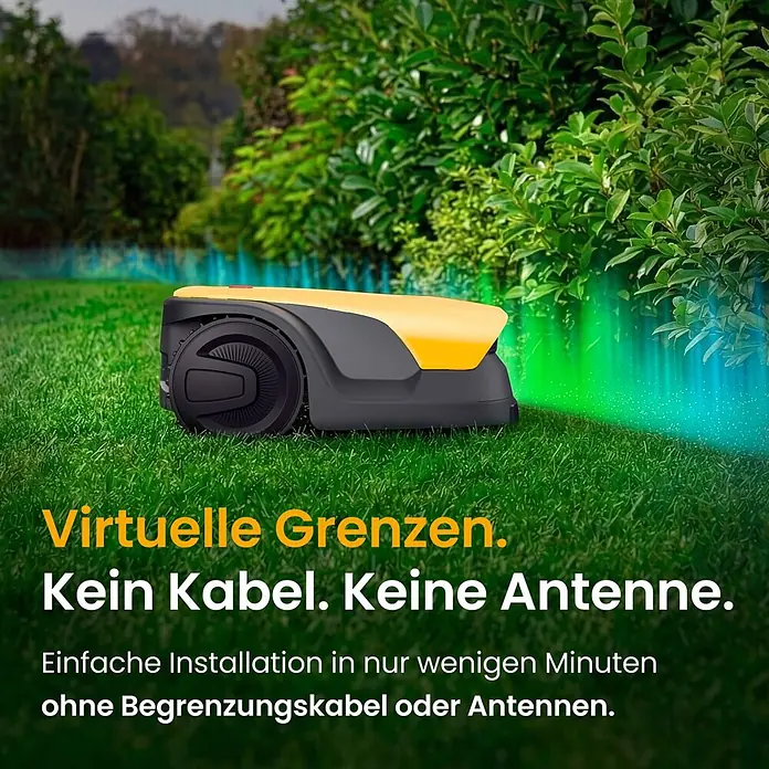 Stiga Mähroboter A 6 V - Schnittbreite: 18 cm, Kamera-gestützte Navigation - Gelb-grauer Mähroboter auf grünem Rasen, mit virtuellen Begrenzungen durch eine leuchtende grüne Linie.