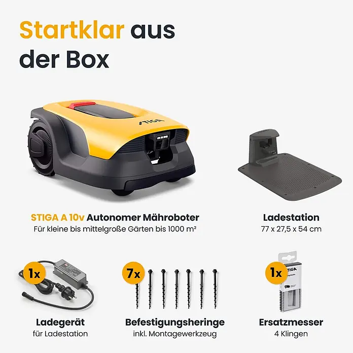 Stiga Mähroboter A 10 V - 1.000 m², Schnittbreite: 18 cm, Kamera-gestützte Navigation, RTK - Autonomer Mähroboter in Gelb und Schwarz, mit grauer Ladestation, Netzteil, 7 Befestigungsheringen und einer Packung mit 4 Ersatzmessern.
