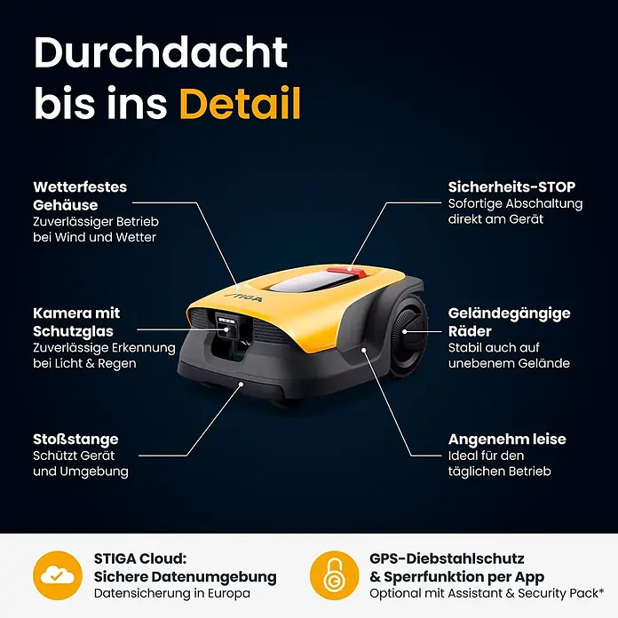 Stiga Mähroboter A 10 V - 1.000 m², Schnittbreite: 18 cm, Kamera-gestützte Navigation, RTK - Gelb-schwarzer Mähroboter, der sein wetterfestes Design, geländegängige Räder und integrierte Sicherheitsfunktionen hervorhebt.