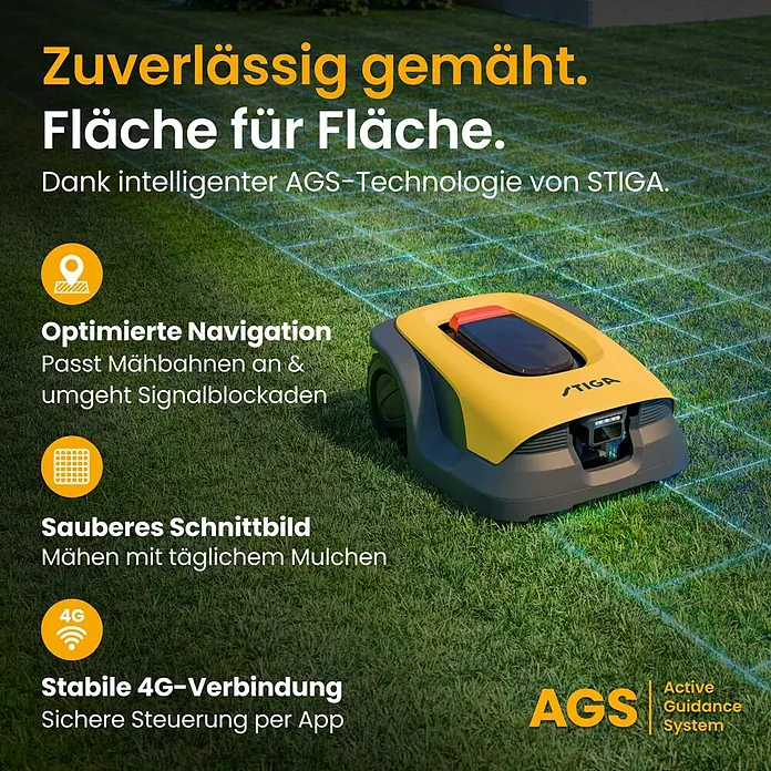 Stiga Mähroboter A 8 V - 800 m², Schnittbreite: 18 cm, Satellitengestützte Navigation, RTK - Ein gelb-schwarzer STIGA Mähroboter, der intelligente Navigation und Mähfähigkeiten demonstriert.
