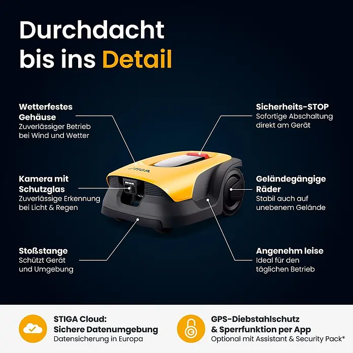 Stiga Mähroboter A 6 V - Schnittbreite: 18 cm, Kamera-gestützte Navigation - Gelb-schwarzer Mähroboter mit hervorgehobenen Funktionen.