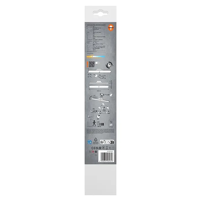 Osram LED Leuchtstoffröhre Mobsen - Länge: 35 cm, 300 lm - Weiße lineare LED-Schwenkleuchte mit Bewegungssensor, Dimmfunktion und USB-C-Ladeanschluss, mit technischen Spezifikationen.