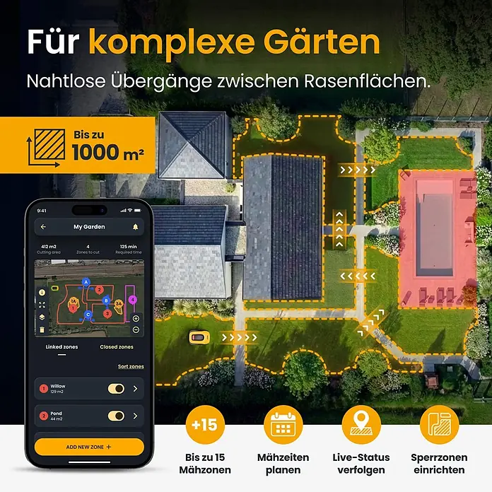 Stiga Mähroboter A 10 V - 1.000 m², Schnittbreite: 18 cm, Kamera-gestützte Navigation, RTK - App eines Mähroboters auf dem Telefon, zeigt eine komplexe Gartenkarte mit mehreren Mähzonen und Wegen. Unterstützt bis zu 1000 m² und 15 Zonen.