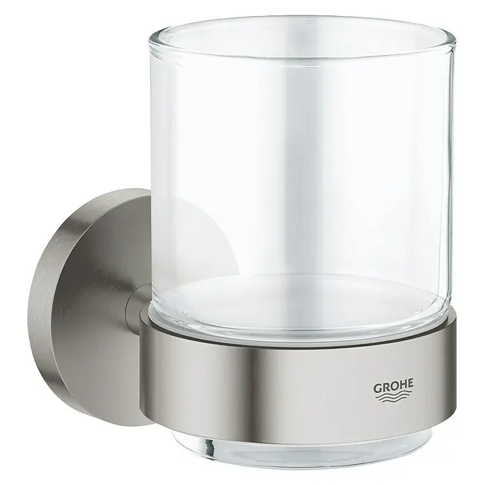 Grohe Essentials Zahnputzbecher - Mit Halterung, Supersteel, Glänzend - Ein klares Glas mit einer metallischen Halterung von GROHE, ideal für Badezimmer.