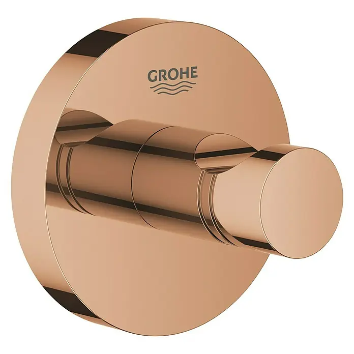 Grohe Essentials Bademantelhaken - Warm Sunset, Glänzend - Nahaufnahme eines polierten Grohe Essentials-Bademantelhakens in gebürstetem Roségold.