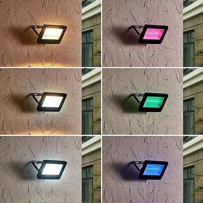 Prios LED-Strahler Liezel - L x B x H: 17 x 13 x 14 cm - Ein schwarzer Außenstrahler an einer strukturierten Wand, der verschiedene farbige und weiße Lichtoptionen zeigt.