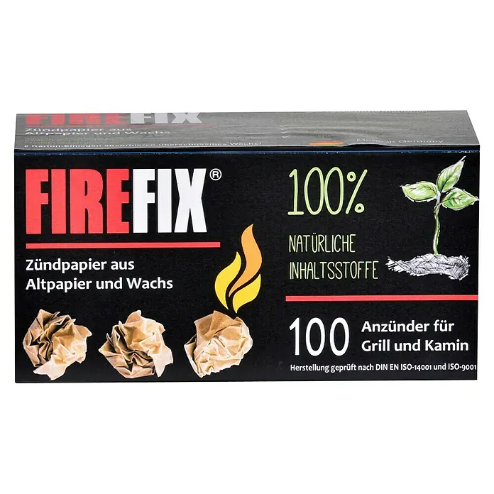 Firefix Anzünder - Papier, 100 Stk. - FIREFIX Anzündpapier: 100% natürliche Inhaltsstoffe, ideal für Grill und Kamin. Geprüfte Qualität nach DIN EN ISO-14001 und ISO-9001.