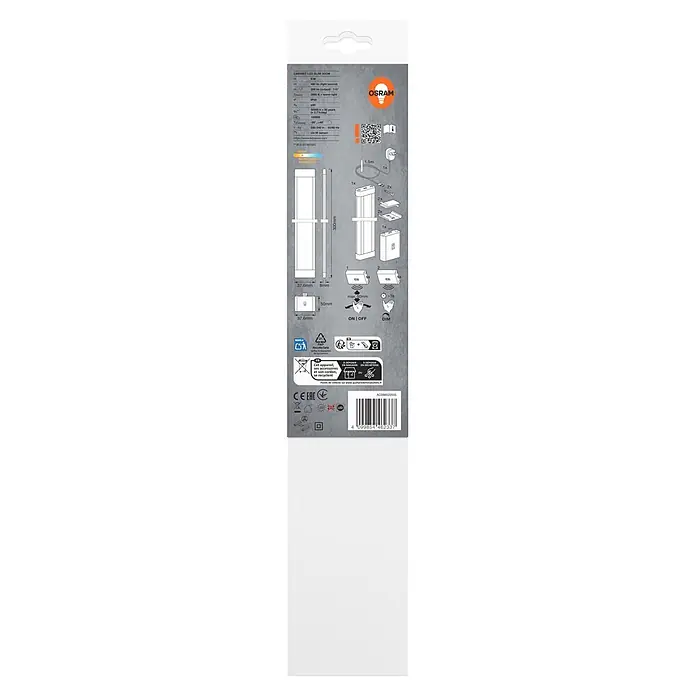 Osram LED-Unterbauleuchte Slim - L x B x H: 30 x 3,76 x 0,8 cm, Lichtfarbe: Warmweiß, 220 V - 240 V - Verpackung für eine Osram Slim 30CM LED-Unterschrankleuchte mit technischen Daten und IR-Sensorfunktionen.