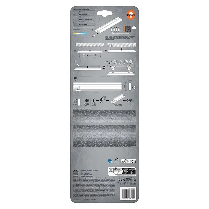 Osram LED-Unterbauleuchte Linear Mobile Battery - L x B x H: 31,4 x 4,8 x 1,8 cm, Lichtfarbe: Neutralweiß - Verpackung für eine weiße, mobile Linear-LED-Leuchte, mit Spezifikationen und Montageanleitung.