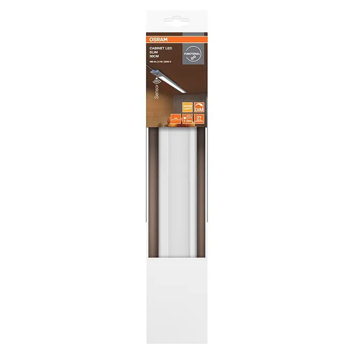 Osram LED-Unterbauleuchte Slim - L x B x H: 30 x 3,76 x 0,8 cm, Lichtfarbe: Warmweiß, 220 V - 240 V - OSRAM Slim 30cm Unterbau-LED-Leuchte mit Sensor, warmweiß und dimmbar. Unter einem Holzschrank montiert gezeigt.