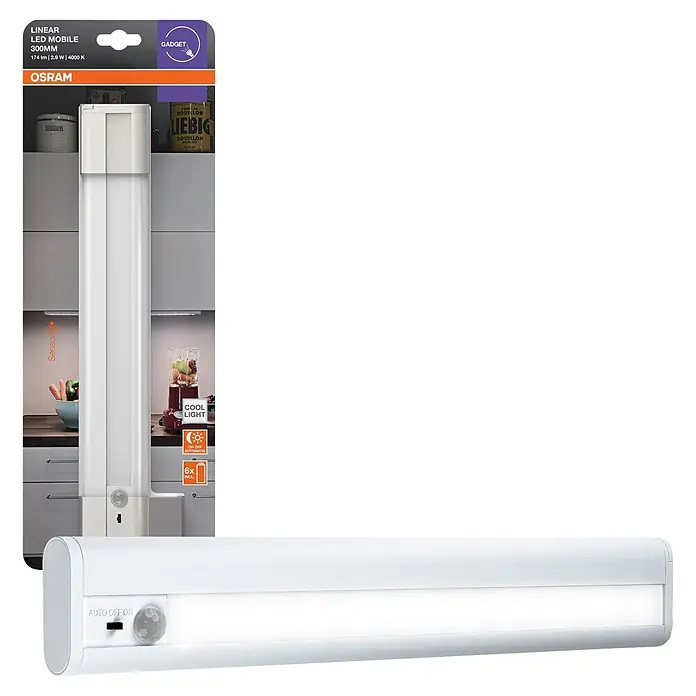 Osram LED-Unterbauleuchte Linear Mobile Battery - L x B x H: 31,4 x 4,8 x 1,8 cm, Lichtfarbe: Neutralweiß - Weiße lineare LED-Mobilbeleuchtung mit integriertem Bewegungssensor und Auto-Ein-/Ausschalter.