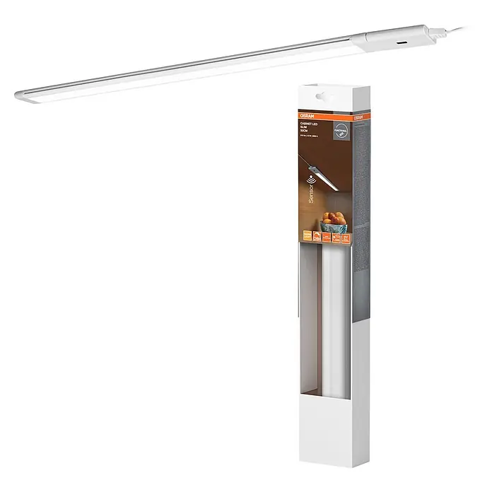 Osram LED-Unterbauleuchte Slim - L x B x H: 50 x 3,76 x 0,8 cm, Lichtfarbe: Warmweiß - Weiße OSRAM LED Unterbauleuchte, schlankes Design mit Sensor, neben der Produktverpackung.